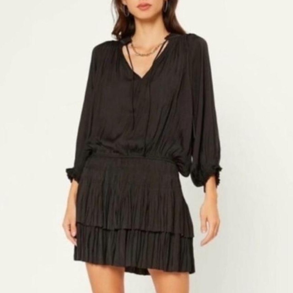 Anthropologie Current Air Black Pleated Mini Dress with Smocked drop Waist